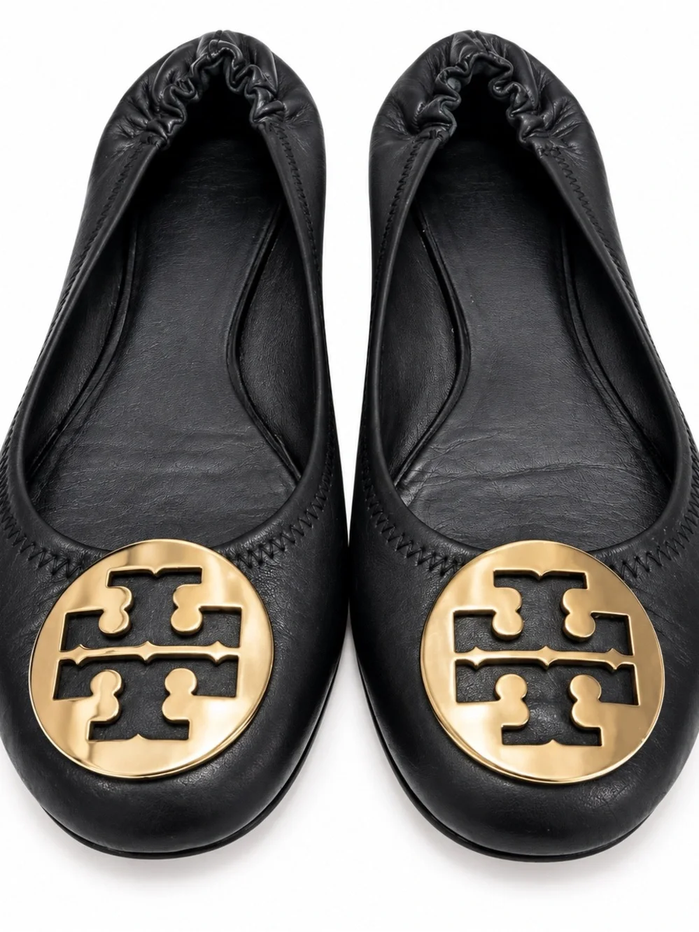 Tory Burch Black Leather Ballet Flats with Gold Logo Medallion size 8.5